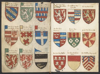 Wapenboek Beyeren (Armorial) - KB79K21 - Folios 053v (Left) and 054r (Right) by Binder